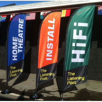 Custom Made Windblade Flags Three Examples in Blue, Orange and Green