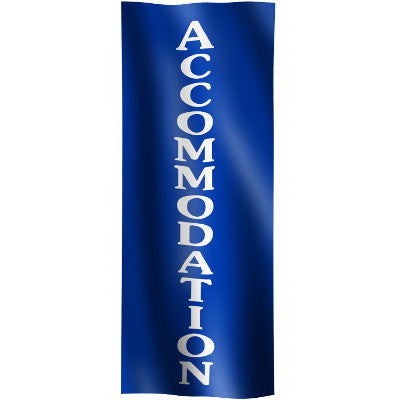 Vertical Flag with Blue Background and white text "Accommodation"