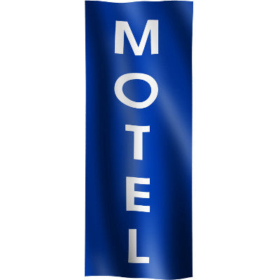 Vertical Flag with Blue Background and white text "Motel"