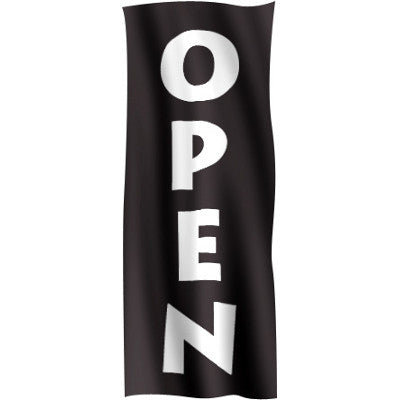 Vertical Flag Black Background with White Text "Open"