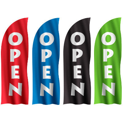 Windblade Flags with Several Background Colours and Text "Open"