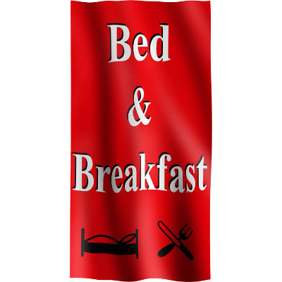 Vertical Flag with Red Background, white letters with black outline "Bed & Breakfast" and symbols for bed and food