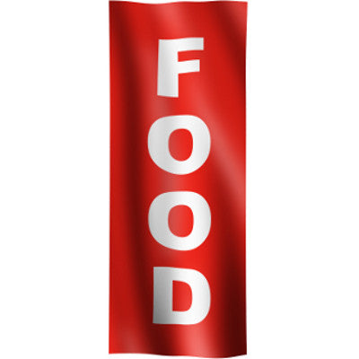 Vertical Flag with Red Background and white text "Food"