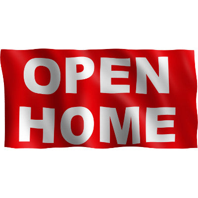 Horizontal Flag with Red Background and white letters "Open Home"