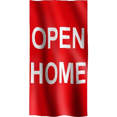 Vertical Flag with Red Background and white letters "Open Home"